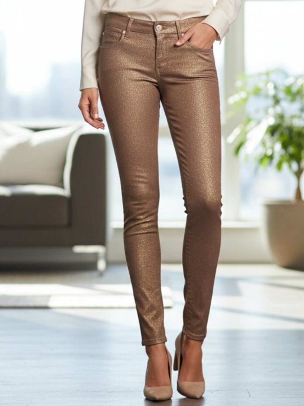 NWOT Mother The Looker All That Glitters Gold Coated Skinny Jeans Sz 26 Shimmer